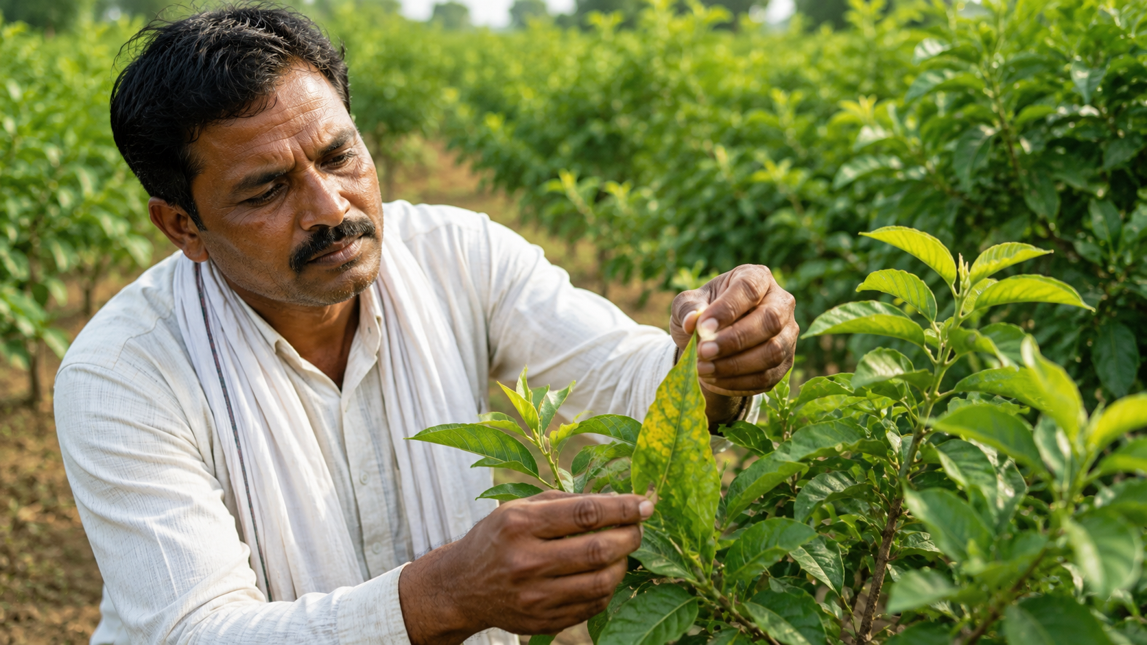Farmer checking crop health